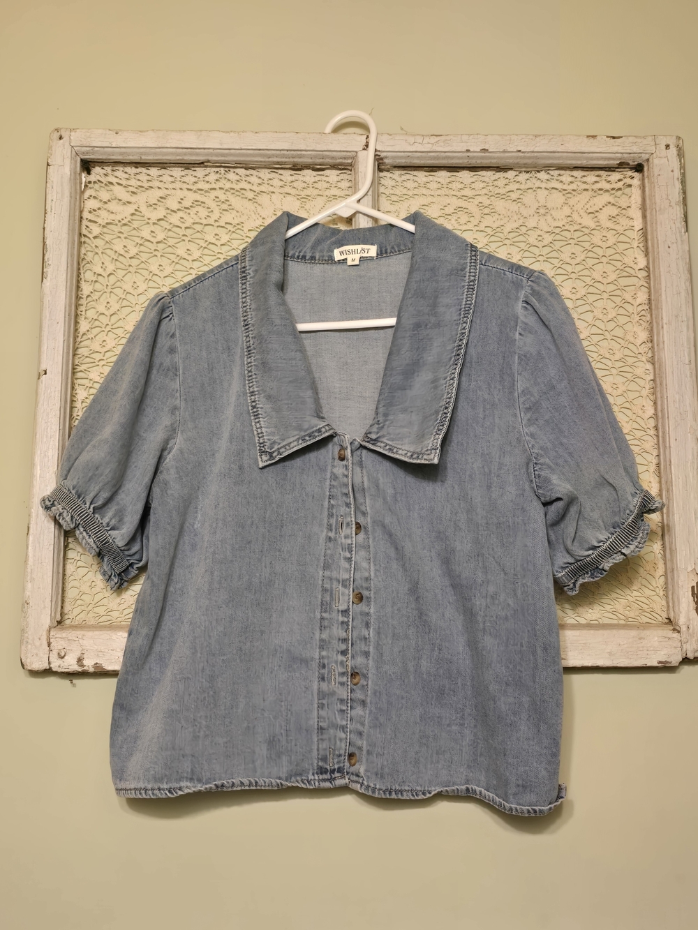 Wish Light Blue Denim Button-Front Puff Sleeve Shirt
